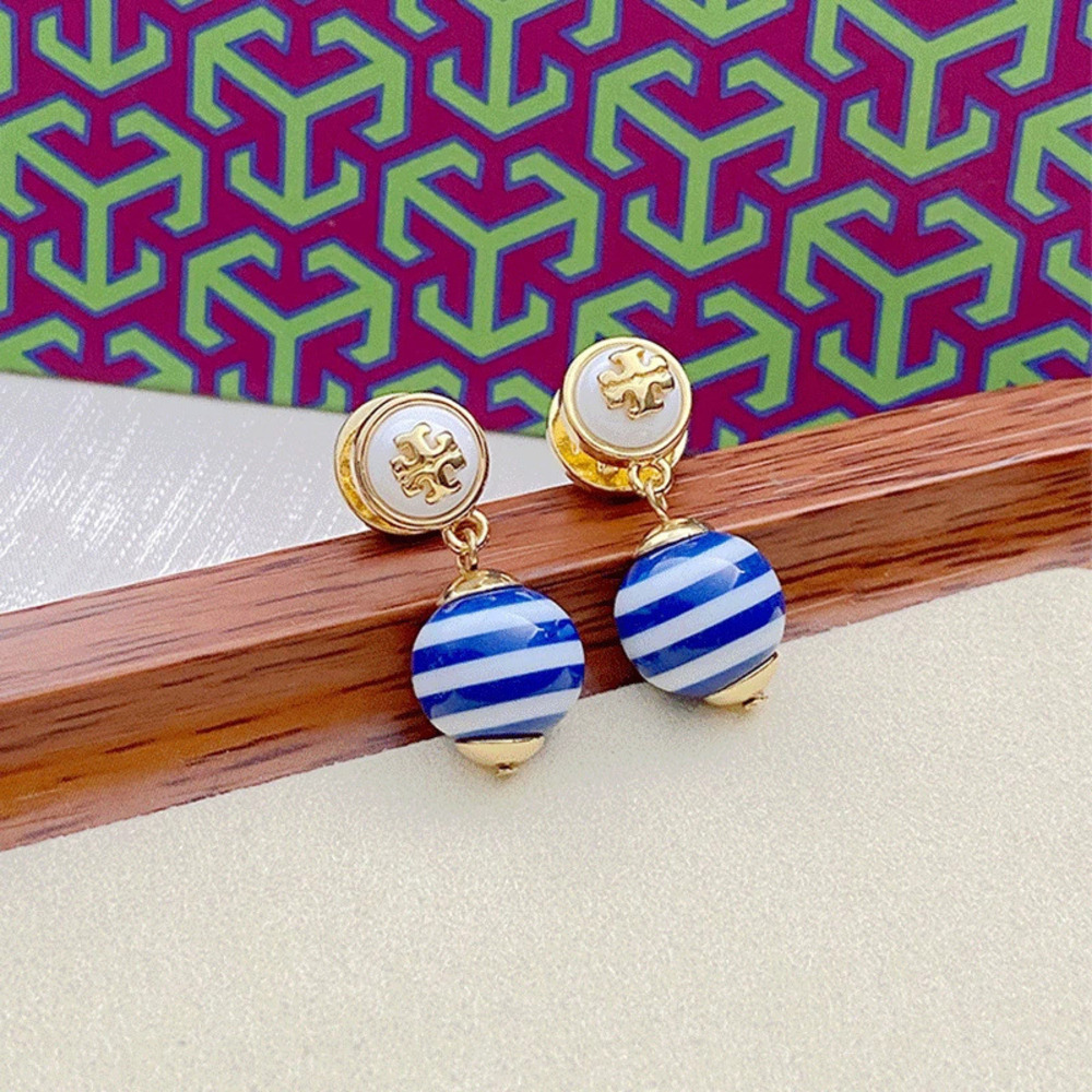 Tory Burch Round Blue White Stripe Letter Pendant Drop Earrings